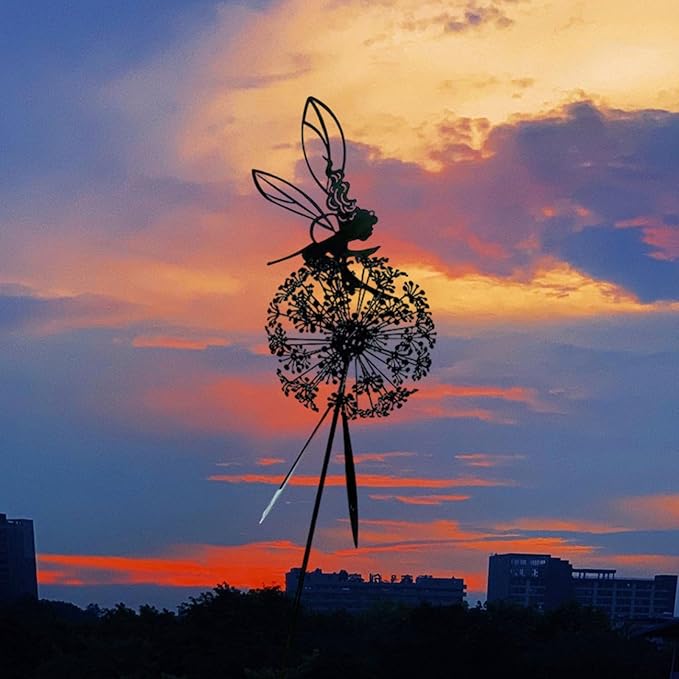 Fairies Wire Dandelion Stainless Garden Art Sculpture Steel Statue, Dancing Fairy Dandelion Garden Ornaments Art Decorations for Outdoor Yard Lawn Patio (C)