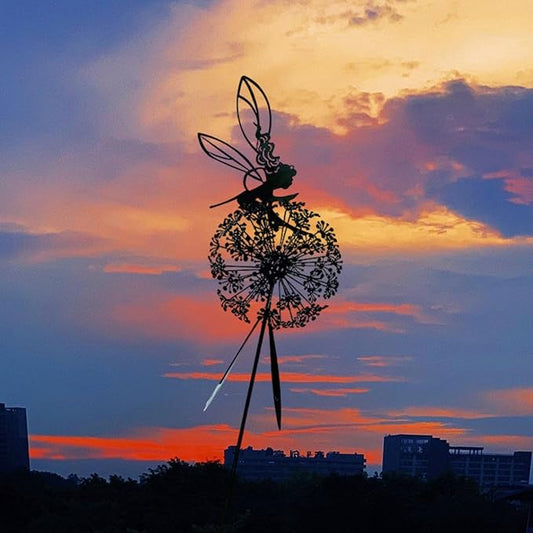 Fairies Wire Dandelion Stainless Garden Art Sculpture Steel Statue, Dancing Fairy Dandelion Garden Ornaments Art Decorations for Outdoor Yard Lawn Patio (C)