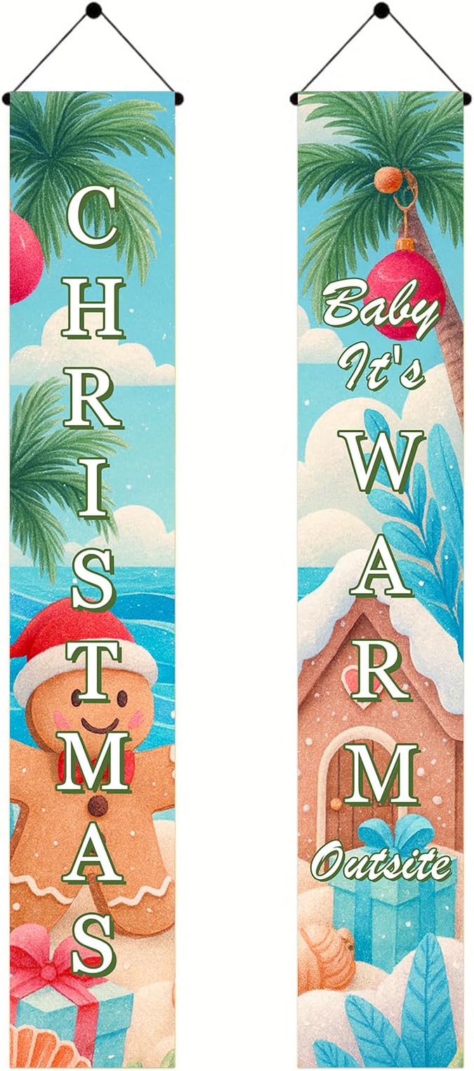 BlissYard Tropical Christmas Porch Banners 12x71 Inch Merry Christmas Door Banner Beach Gingerbread Man House Poinsettia Decor Xmas Welcome Hanging Signs Warm Weather Holiday Home Decor for Front Door Party Outdoor Decoration