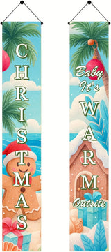 BlissYard Tropical Christmas Porch Banners 12x71 Inch Merry Christmas Door Banner Beach Gingerbread Man House Poinsettia Decor Xmas Welcome Hanging Signs Warm Weather Holiday Home Decor for Front Door Party Outdoor Decoration