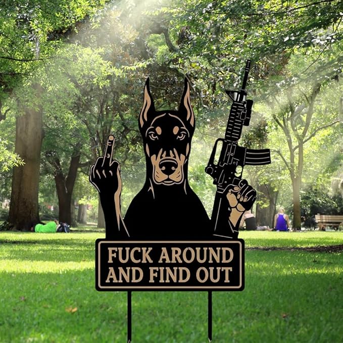 F Around & Find Out Dog Sentry Metal Dogs Silhouette Garden Stake with Middle Finger &Weapon Sign, FAFO Security Sign Middle Finger Dog Statue Decor for Outdoor Yard Patio (Doberman, 6 * 12")