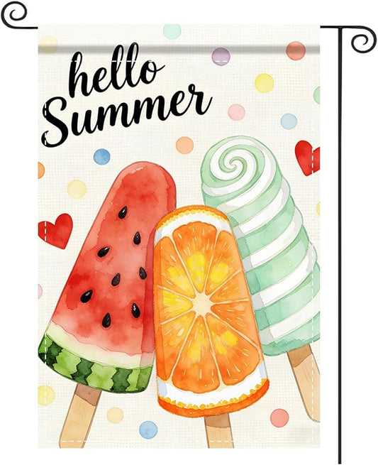 Nuxovilar Summer Garden Flag Hello Summer Popsicle Watermelon Orange Pattern Polyester 12x18 Inches Garden Flags for Outside Colorful Decor Yard Porch Lawn