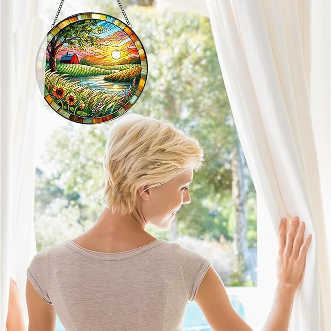 Lake Stained Glass Window Hanging, 7.87 Inch Handmade Plant Sun Catchers with Hook, Wall Art Decor Panel for Indoor Windows, Garden,Gift for Mother’s Day, Housewarming