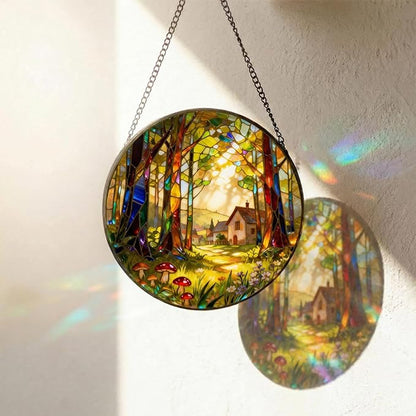 7.8 Inch Stained Glass Window Hanging, Forests and Trees Sun Catchers Glass Panel Green Suncatcher Decor for Birthday for Women, Men, Wife, Aunt, and Mom