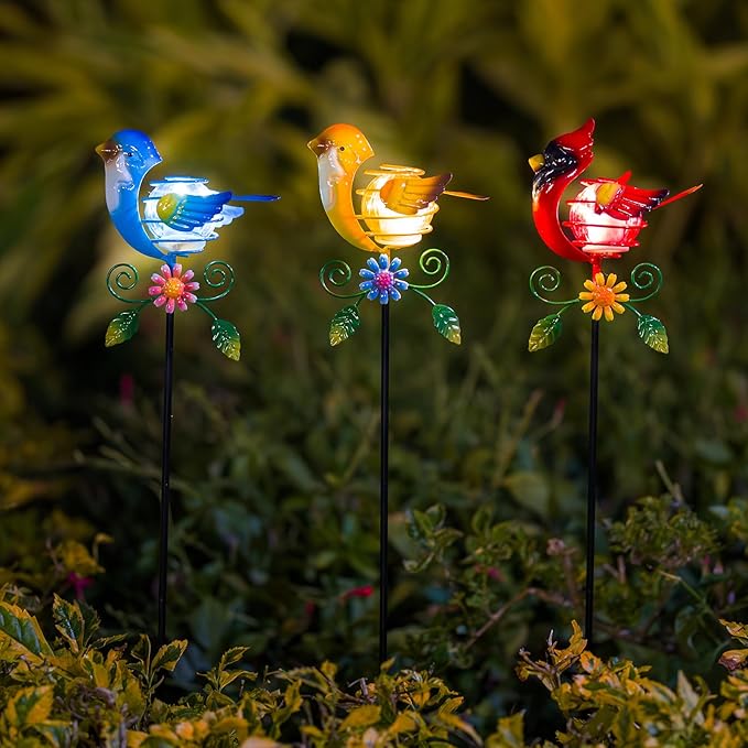 Birds Solar Garden Lights, 26" H Whimsical Decorative Solar Stake Light, 3 Pcs Outdoor Cardinal Statues Figurine Lights for Garden Lawn Patio Yard Decoration