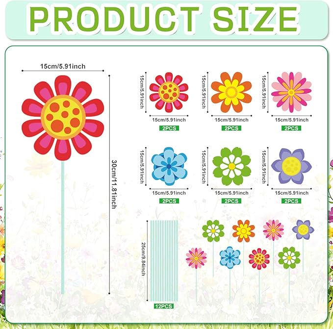 Cinrobiye 12Pcs Spring Floral Flower Planter Stakes Tulip Daisy Pot Signs 5.9Inches Colorful Floral Garden Stake Outdoor Lawn for Spring Party Patio Yard Outside Greetings Home Farmhouse Decor