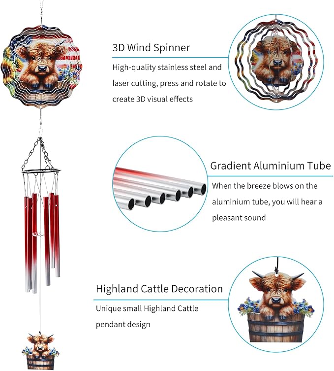 Highland Cow Wind Spinner Chimes Outdoor - Hanging Garden Decor Metal Wind Chimes for Patio, Yard, Backyard - Birthday Housewarming Gifts for Women/Mom/Grandma