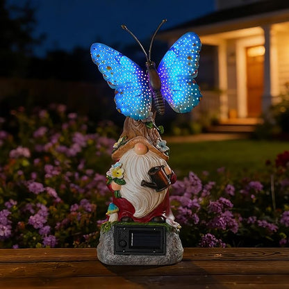 WSgift Garden Gnome Statues Solar-Powered Butterfly Resin Figurine Waterproof Outdoor Decor Mother's Day Blue