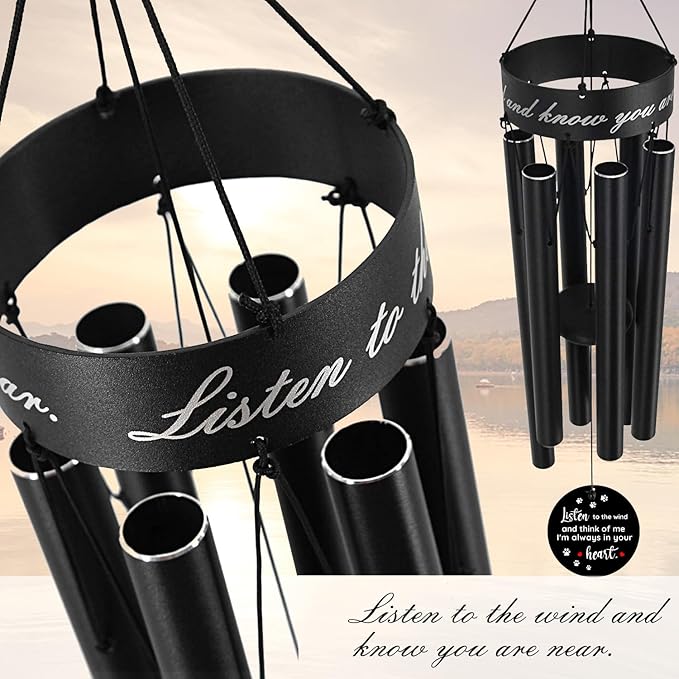 Pet Memorial Wind Chime, 30 Inches Paw Print Pet Remembrance Gift to Honor and Remember a Dog, Cat, or Other Pet, Premium Metal Wind Chime, Black