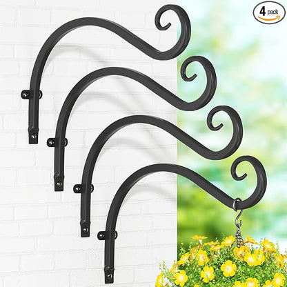 iDavosic.ly Plant Hangers Outdoor 4-Pack, 11.8 Inch Heavy Duty Iron Wall Brackets for Hanging Plants, Baskets, Bird Feeders, Lanterns, Wind Chimes, Indoor Metal Hooks for Garden Porch Patio, Black
