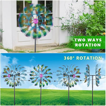 DREAMSOUL 64" Tall Peacock Feather Wind Spinners Outdoor 360° Rotation Metal Windmill for Yard Kinetic Wind Spinner