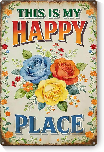 Garden Signs for Outside This Is My Happy Place Sign, Funny Metal Signs for Home Garden Patio Yard, Retro Gardening Gifts for Women, Wall Decor 12" x 8"