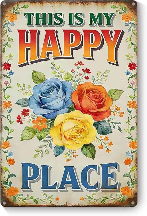 Garden Signs for Outside This Is My Happy Place Sign, Funny Metal Signs for Home Garden Patio Yard, Retro Gardening Gifts for Women, Wall Decor 12" x 8"