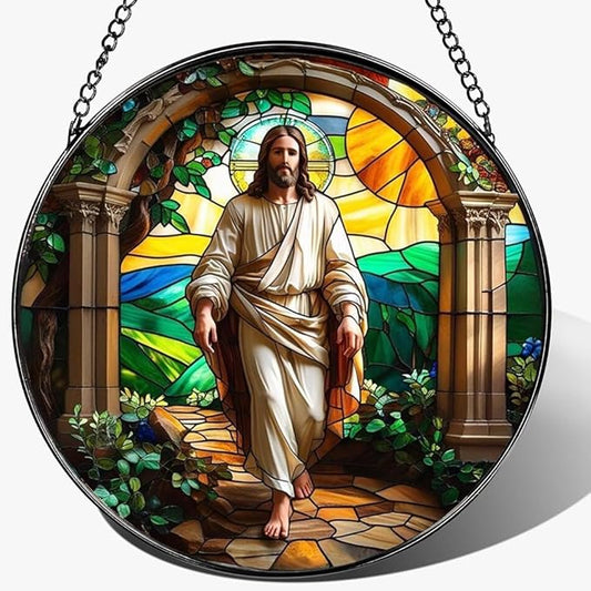 8 Inch Stained Glass Suncatcher for Window Hanging, Christian Stained Glass Windows Hanging Religious Gifts for Women, Sun Catcher for Home Garden Decor, Easter, Faith,Baptism, Memorial