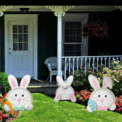 Easter outdoor decorations,Bunny Yard Signs,3D Sculptures,Easter Yard Stakes,Set of 3,Durable Weather-Resistant Design, Rabbits Garden Stakes for Home Outside Lawn, Garden, Patio, Outdoor Decor