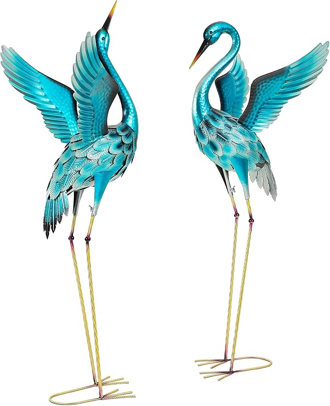 47.5" Extra-Large Blue Heron Decor, Handcrafted Metal Crane Garden Statue with Stable U-Ground Stakes, Backyard Decoration, Metal Garden Bird Animal Yard Art, Lawn Ornament