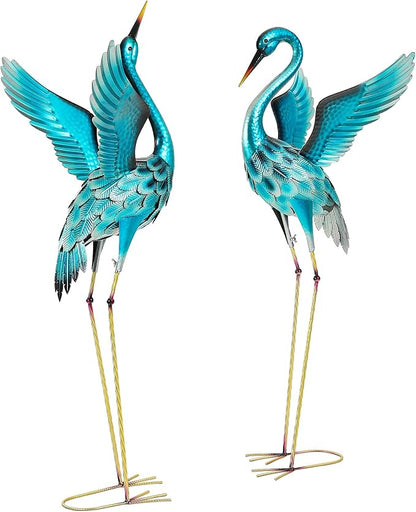 Extra-Large Blue Heron Decor, Handcrafted 47.5" Metal Crane Statue with Stable U-Ground Stakes, Backyard Decoration, Metal Garden Bird Animal Yard Art, Lawn Ornament Decor