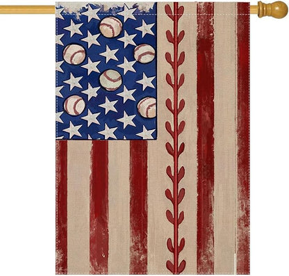 4th of July House Flags for Outdoor Decoration, Retro American Flag with Baseball Large Yard Flag,Decorative Decors for Summer 250th Years America Anniversary Holiday Outside 28x40 Inch Double Sided