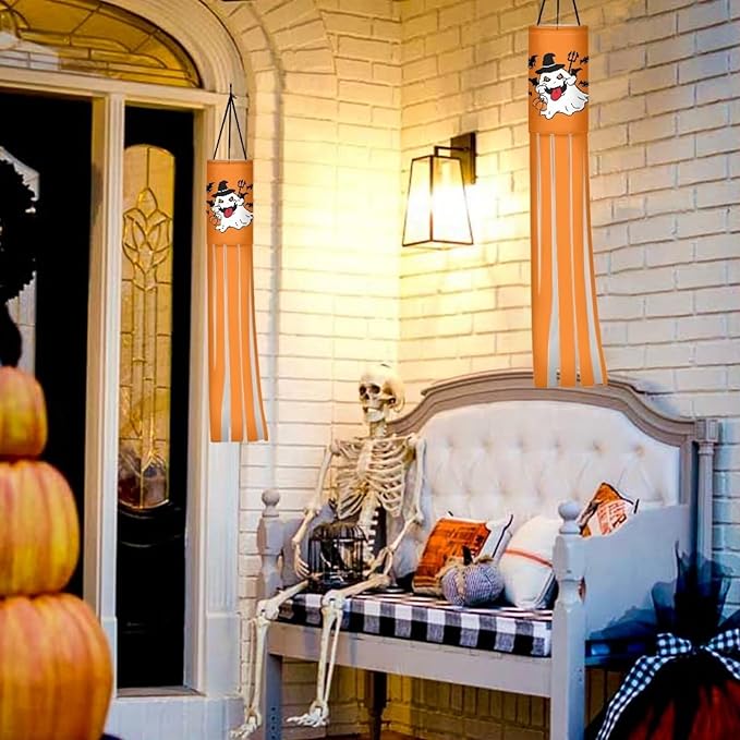 Halloween Ghost Print Pinecone 2 Pieces Windsocks Hanging Outdoor Decor for Home Yard Patio Lawn Garden Fall Thanksgiving Decoration