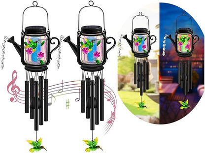 Solar Hummingbird Wind Chimes for Outside for Mom Women Grandma,Solar Mason Jar Watering Can Hummingbird Light Unique Hanging Wind Chimes Outdoor,Yard Garden Terrace Courtyard