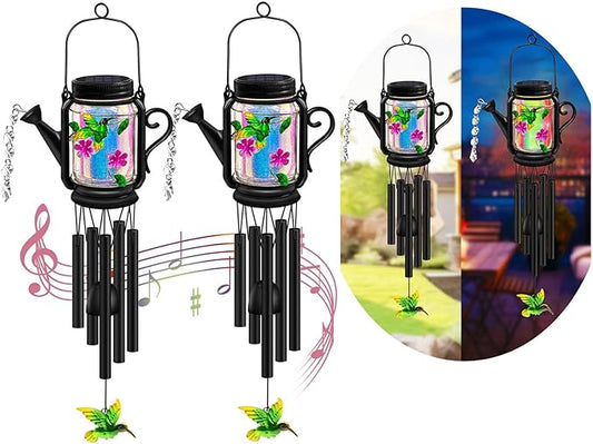 Solar Hummingbird Wind Chimes for Outside for Mom Women Grandma,Solar Mason Jar Watering Can Hummingbird Light Unique Hanging Wind Chimes Outdoor,Yard Garden Terrace Courtyard