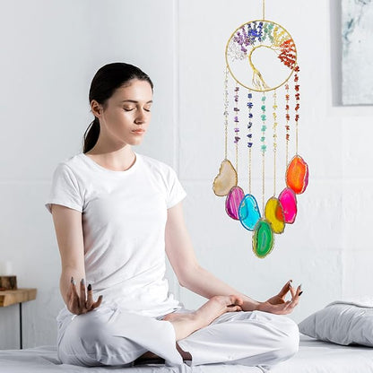 Yoption Tree of Life Agate Slice Wind Chime, Handmade 7 Chakra Healing Crystal Stone Wind Chime for Home Wall Garden Decorative Ornament, Unique Gift