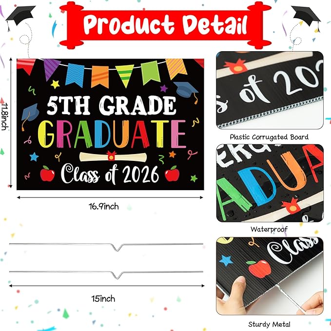5th Grade Grad Yard Sign - Class of 2026 Fifth Grade Graduate Lawn Sign with Stake School Congrats Graduation Decors Colorful Waterproof Graduation Party Favors for Outdoor Garden Photo Booth Props