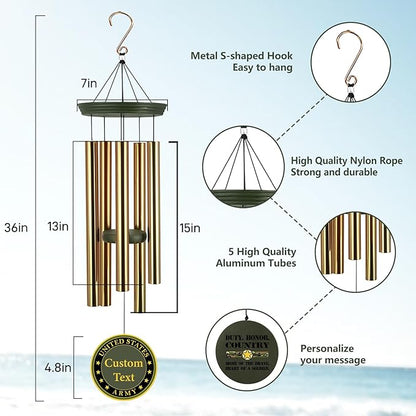 Deep Tone Wind Chimes for Army Soldiers Memory Gifts, Personalized Name/Date/Text Wind Chimes for US Military, Sympathy Gifts for Veteran, Veterans Day Gift(Produced in USA)