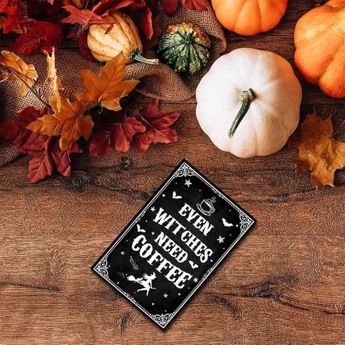 Funny Black Gothic Decor Even Witches Need Coffee Metal Signs for Coffee Bar Gothic Kitchen Accessories Halloween Decor 8 x 12 Inch