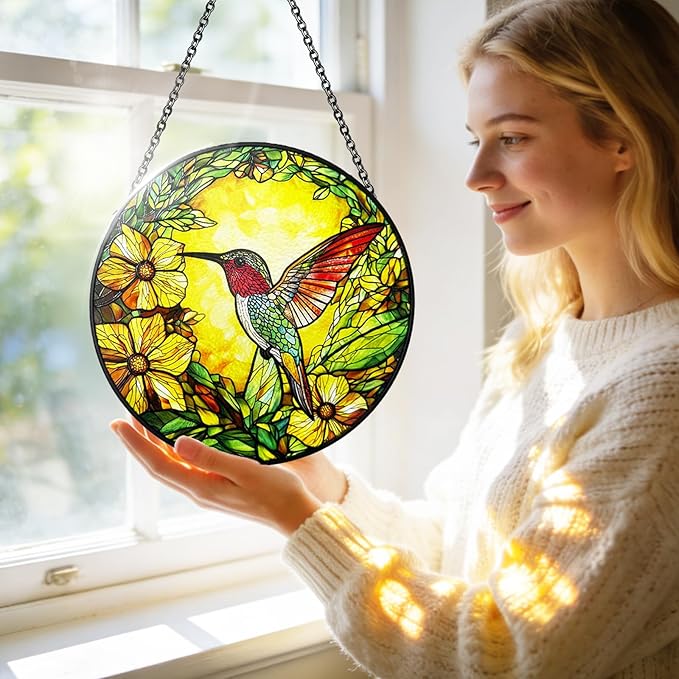 Stained Glass Suncatchers for Windows, 8 Inch Hummingbird Suncatcher Indoor Window, Hummingbird Decor for Bird Lovers