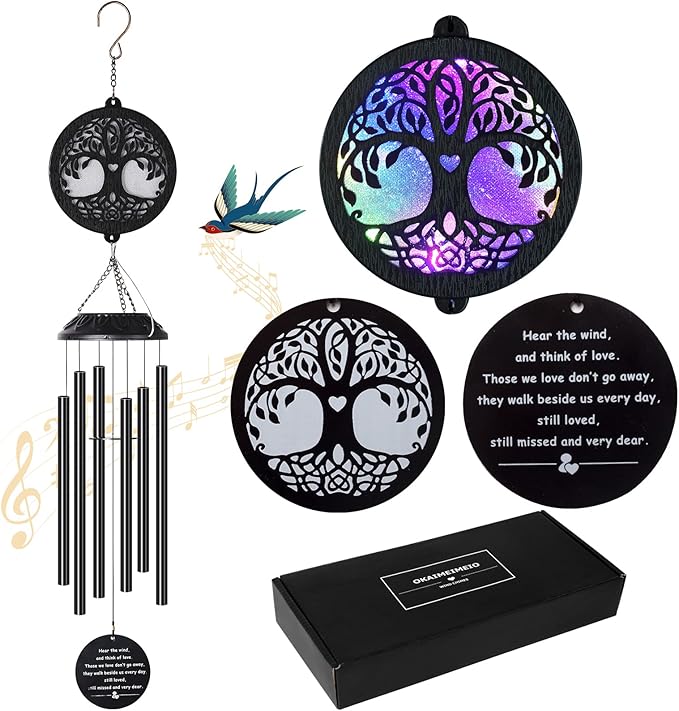 Solar Tree of Life Wind Chimes - Memorial Gift for Mom, Outdoor Garden Decor
