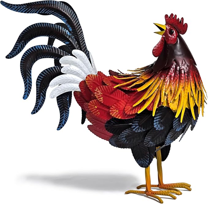 Hand-Painted Lifelike Metal Rooster Weather-Resistant Outdoor Garden Statue, Indoor/Outdoor Decor, Gift-Ready Centerpiece