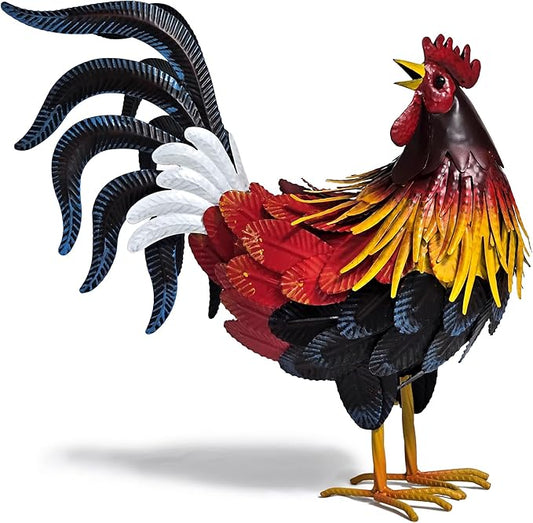 Hand-Painted Lifelike Metal Rooster Weather-Resistant Outdoor Garden Statue, Indoor/Outdoor Decor, Gift-Ready Centerpiece