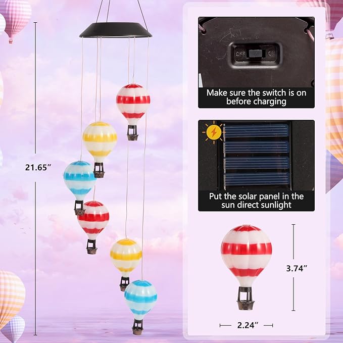 Solar Wind Chimes for Outside, Color Changing Hot Air Balloon Wind Chimes Solar Lights for Outside Garden Outdoor Patio Décor, Mother‘s Day Gifts for Mom Birthday Gifts for Women Grandma Wife Sister