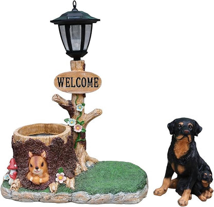 20" Solar rottweiler Garden Statue with Welcome Sign & Planter - Large Dog Sculpture with LED Street Lantern - Weatherproof Resin Decorative Flower Pot for Porch, Yard & Patio - Pet Lover Gift