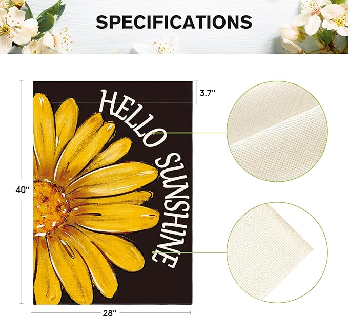 AVOIN colorlife Hello Sunshine House Flag 28x40 Inch Double Sided Outside, Summer Spring Floral Yellow Daisy Yard Outdoor Flag Black