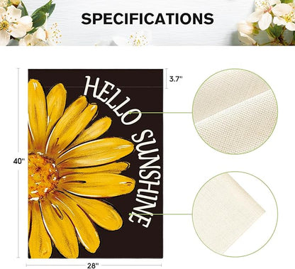 AVOIN colorlife Hello Sunshine House Flag 28x40 Inch Double Sided Outside, Summer Spring Floral Yellow Daisy Yard Outdoor Flag Black