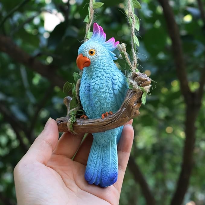 Hanging Parrot Garden Decor Tiki Bar Decorations Tropical Outdoor Hanging Bird Statue for Tree Plant Patio Lawn Yard Porch Balconies Decor(Blue)