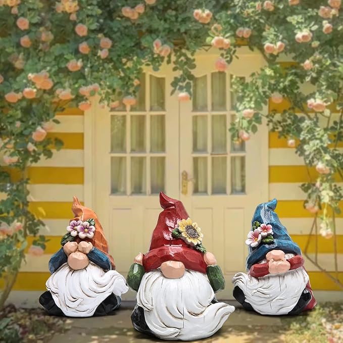 Hodao Spring Gnome Decor Set of 3, Resin Three Wise Gnomes Figurines with See No Evil Hear No Evil Speak No Evil Design, Floral Tiered Tray Shelf Table Accent, Farmhouse Gift Idea