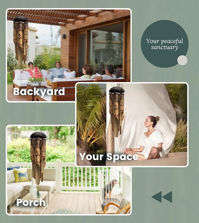 Nalulu Rustic Bamboo Wind Chimes - Outside Outdoor Wooden Windchimes, Medium, Floral Burned Design with Coconut Crown, Handcrafted with Calming Deep Tones, Home Decor Ideal Gift for Him & Her
