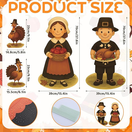 DoubleFill 4 Pcs Thanksgiving Pilgrim Boy and Girl Yard Sign Fall Turkey Lawn Stakes Happy Thanksgiving Decoration Outdoor Harvest Party Supplies