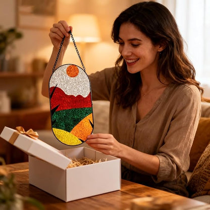 Stained Glass Window Hanging, Sunset Red Orange Yellow Color Block Sun Catchers Indoor Window, Artistic Home Indoor Entryway Wall Decor Gifts for Women Wife Men Kids Birthday