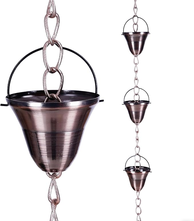 TZSSP Rain Chains Bell Style Gutter Installation – 8.5 ft Bell Style, Weatherproof & Adjustable Rain Chain– Soothing Water Sound (S-Hook Included)