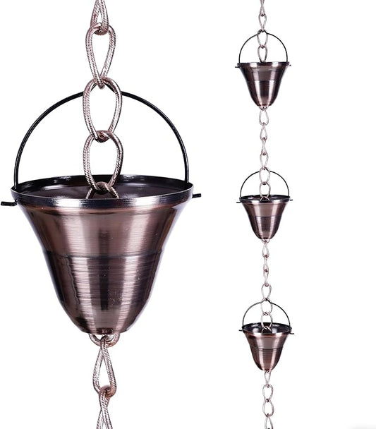 TZSSP Rain Chains Bell Style Gutter Installation – 8.5 ft Bell Style, Weatherproof & Adjustable Rain Chain– Soothing Water Sound (S-Hook Included)
