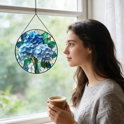 7.87" Blue Hydrangea Flower Suncatcher Stained Glass Window Hanging Room Decor,Sun Catchers Indoor Window Glass Round Panel Wall Decor, Floral Wall Art Hanging Decorations Statues
