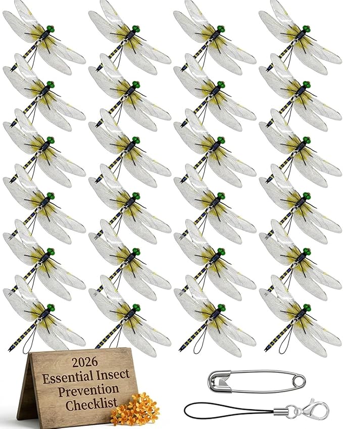 Dragonfly Clips for Bugs Repellent, 3D Artificial Dragon Fly, Lifelike Outdoor Hanging Ornament Garden Decor, Durable Fake to Keep Away Yard Ornaments Hat Golf Moving(Yellow(24pcs))