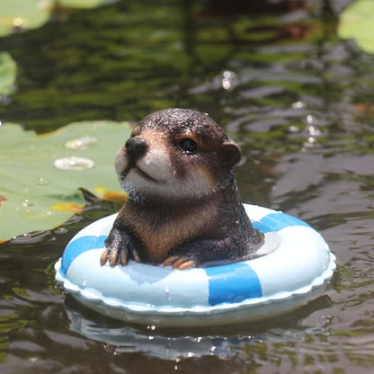 Cute Floating Otter Garden Water Feature Decoration, Resin Sculpture, Equipped with a Life Ring, Outdoor Swimming Pool Decoration, in red and White Color Scheme