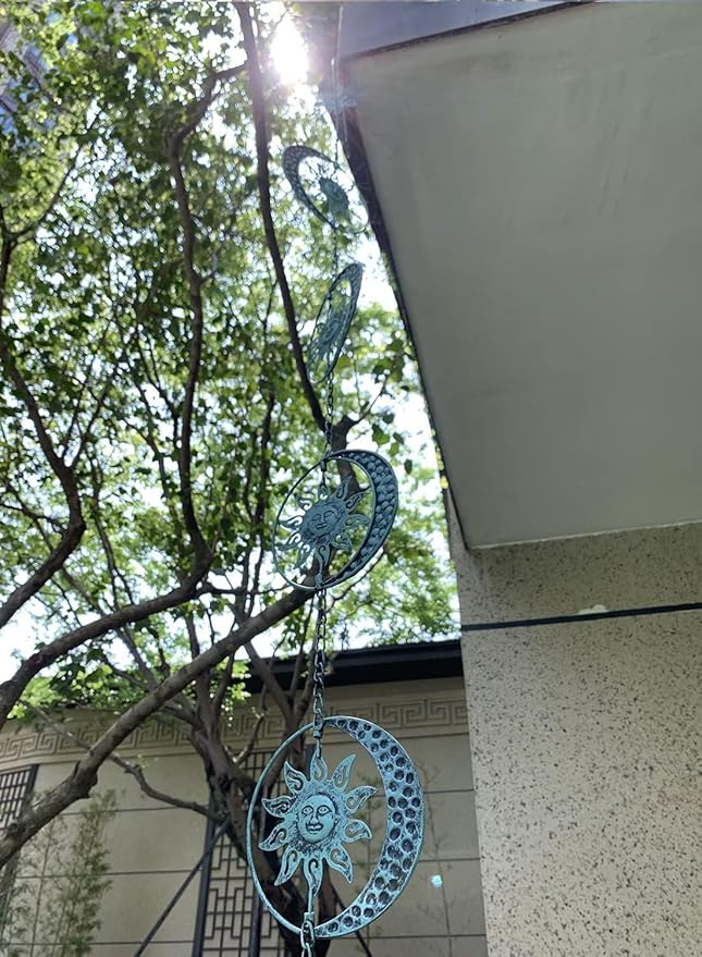 Sun and Moon Decorative Rain Chain, 8.5 Ft Rain Chains for Gutters, Metal Garden Decor Rain Chime, Functional Replacement Catcher Chains for Outside Downspouts, Rotational Sun Face Design