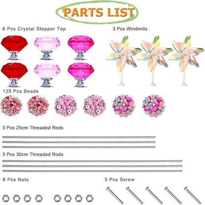 148 PCS Beaded Garden Stakes Kit, DIY Fairy Wand Garden Stake Beads Kits with Assortment Large Hole Beads 6 Crystal Stopper Top Threaded Rods and 3 Colored Small Windmills for Outdoor Indoor Decor