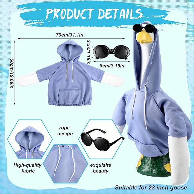 Blue Hoodie Goose Outfit Hooded Sweatshirt Porch Goose Clothes Dress with Wide Hat Sunglass Blue Sweatshirt Geese Costume for 17-23 Inch Geese Statue Luau Outdoor Patio Lawn Yard Garden Decor